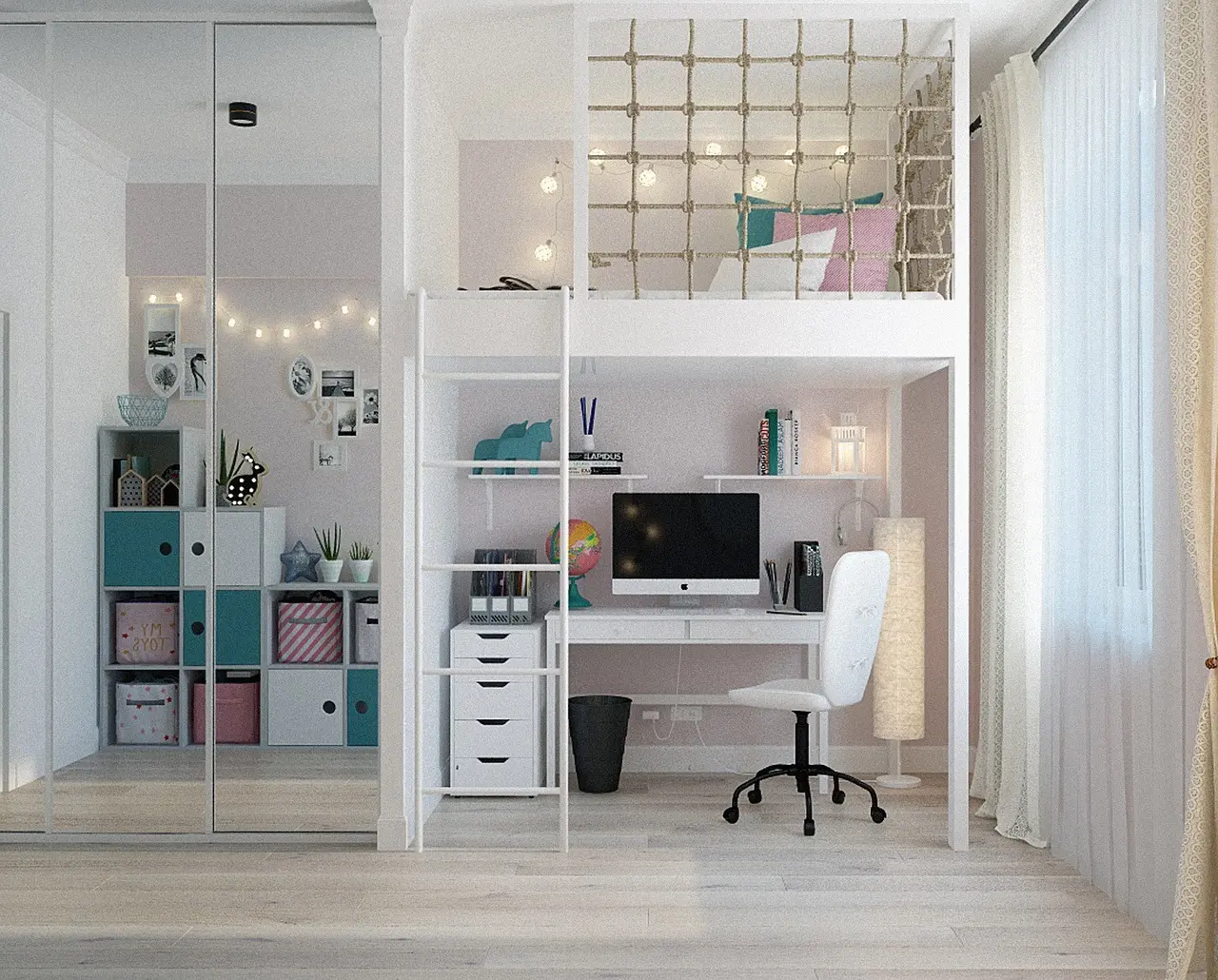 Lyst børneværelse med loftseng og opbevaring